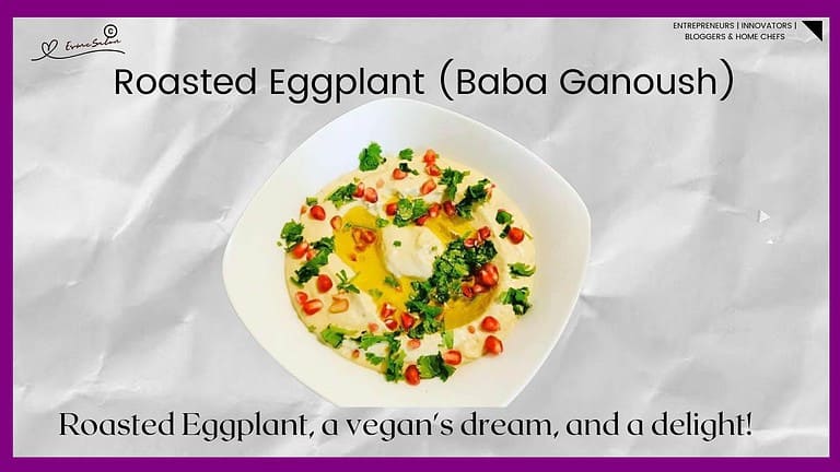 an image of a white square bowl with Roasted Eggplant aka Vegan Baba Ganoush garnished with fresh Coriander and Pomegranate seeds