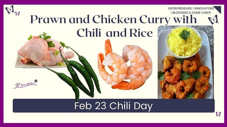 an image of a white p-latter with Prawn and Chicken Curry with Chili with a bowl of yellow Rice