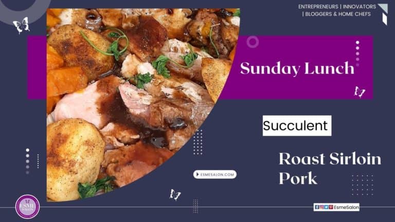 Slices of succulent Sirloin Pork roast with pumpkin and roasted potatoes and garnished with parsley