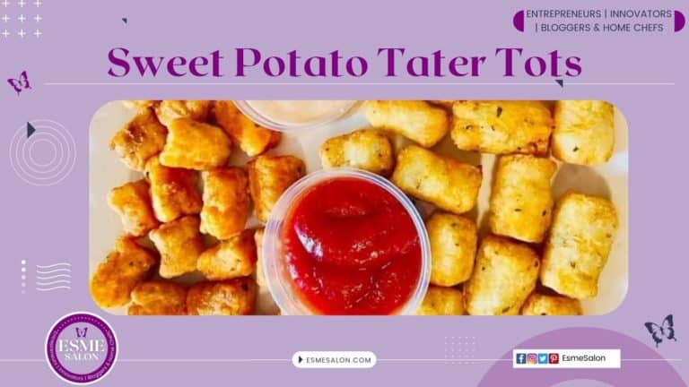 Homemade Sweet and Regular Potato Tater Tots with a small tub of tomato sauce in the middle
