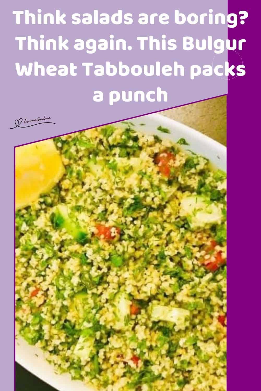 an image of a white oblong dish filled with Bulgur Wheat Tabbouleh with a sliced or lemon on the side