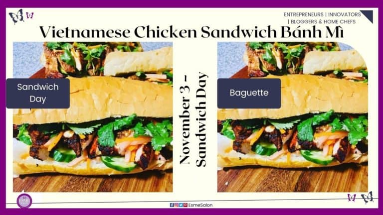 an image of a Baguette filled with chicken. Pickled Carrots & Radish