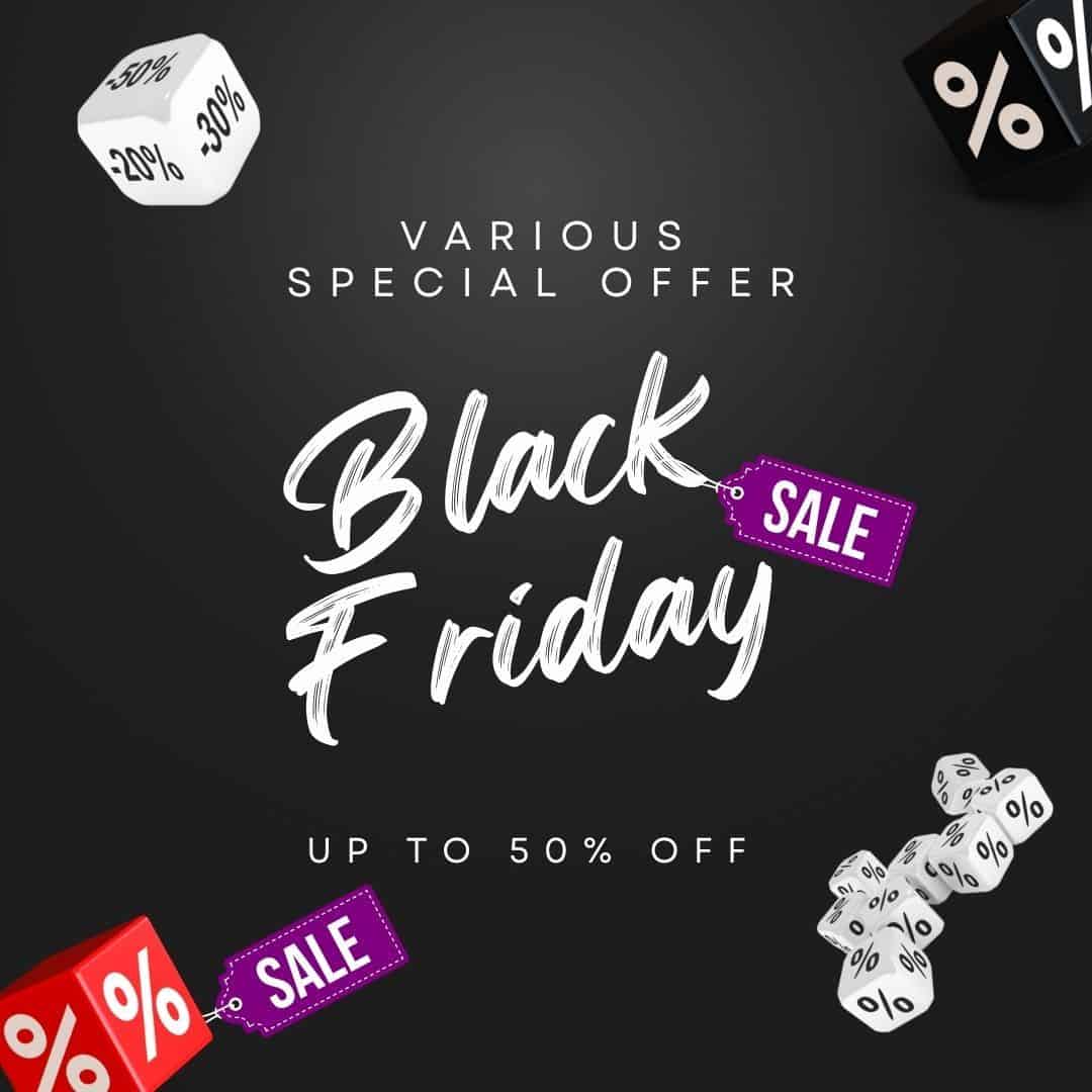 Black background with white verbiage - Black Friday with a dark pink label with white SALE on it, also red and black % dice blocks located in the left bottom and right top corners and a white dice in the left top corner with -20, -30% and -50% 