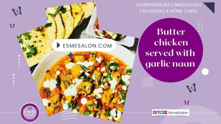 A bowl of butter chicken, a plate of Garlic Naan and a side of fresh salad
