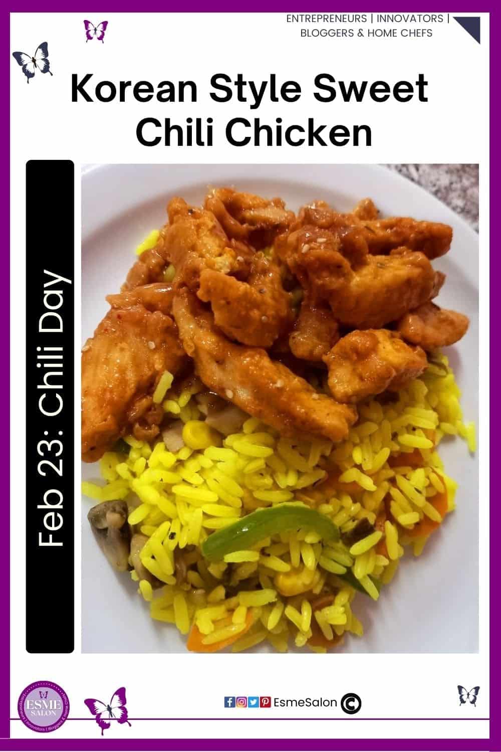 an image of Korean Style Sweet Chili Chicken plated and with yellow rice and veggies