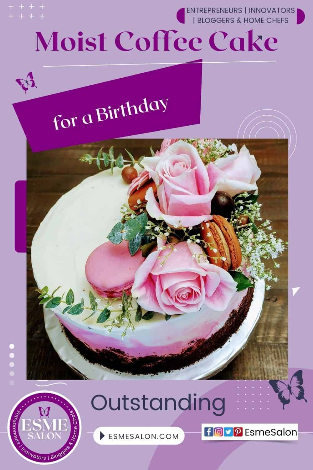 A birthday cake with fresh pink roses, macaroons and chocolate on a white frosting