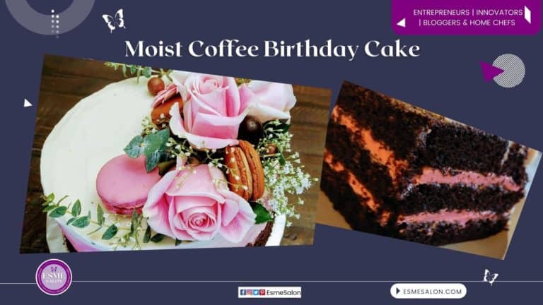 A birthday cake with fresh pink roses, macaroons and chocolate on a white frosting