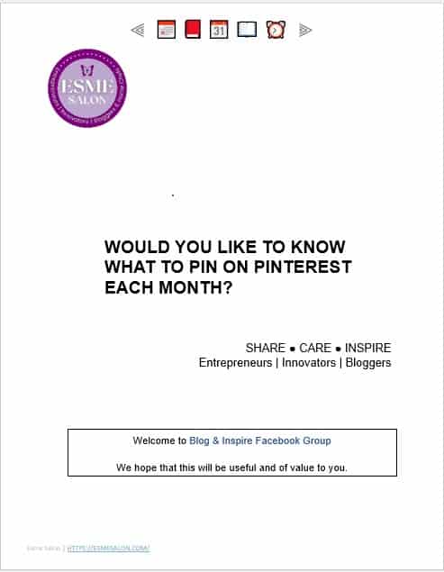 Cover page of Pinterest Planner - white background, purple and lilac EsmeSalon Lobi, with black wording in the middle:  Would you like to know what to pin on Pinterest each month?