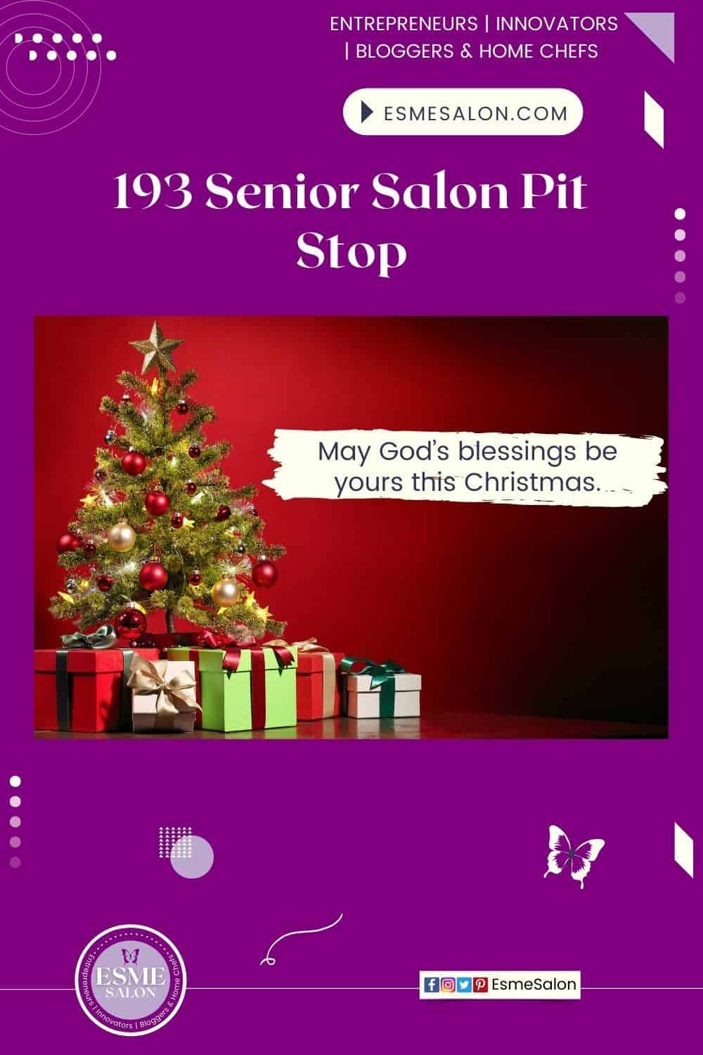 Purple background with a red block, green Christmas tree and red, white and green gift boxes with wording: May God’s blessings be yours this Christmas.