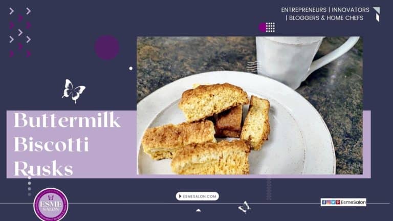 Biscotti Rusks Buttermilk on a white plate with a steaming cup of coffee