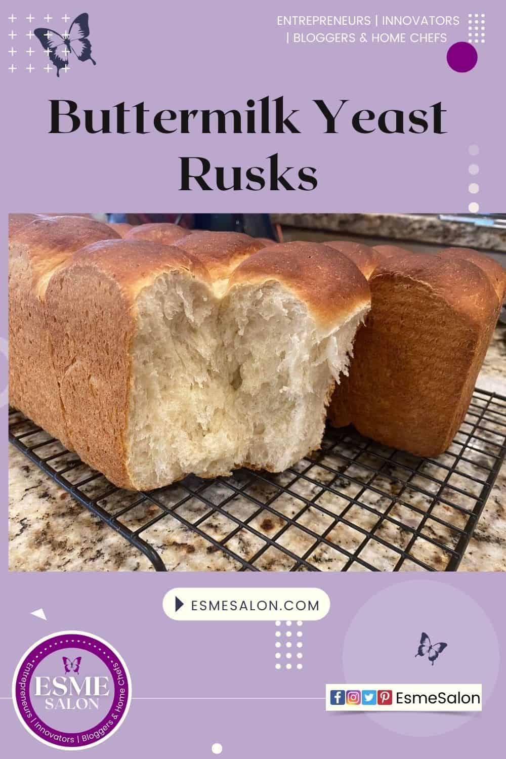 Two loaves of buttermilk rusks on a cooling rack