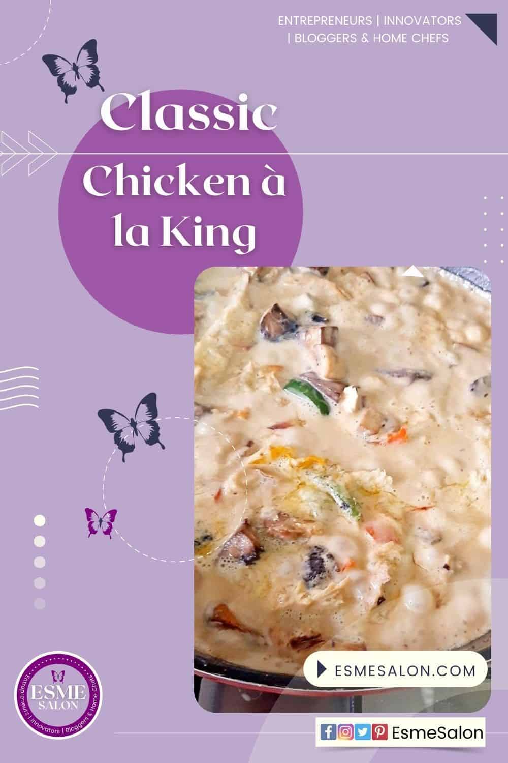 Chicken à la King is a dish consisting of diced chicken in a cream sauce, mushrooms, and vegetables, served over rice, noodles, or bread.
