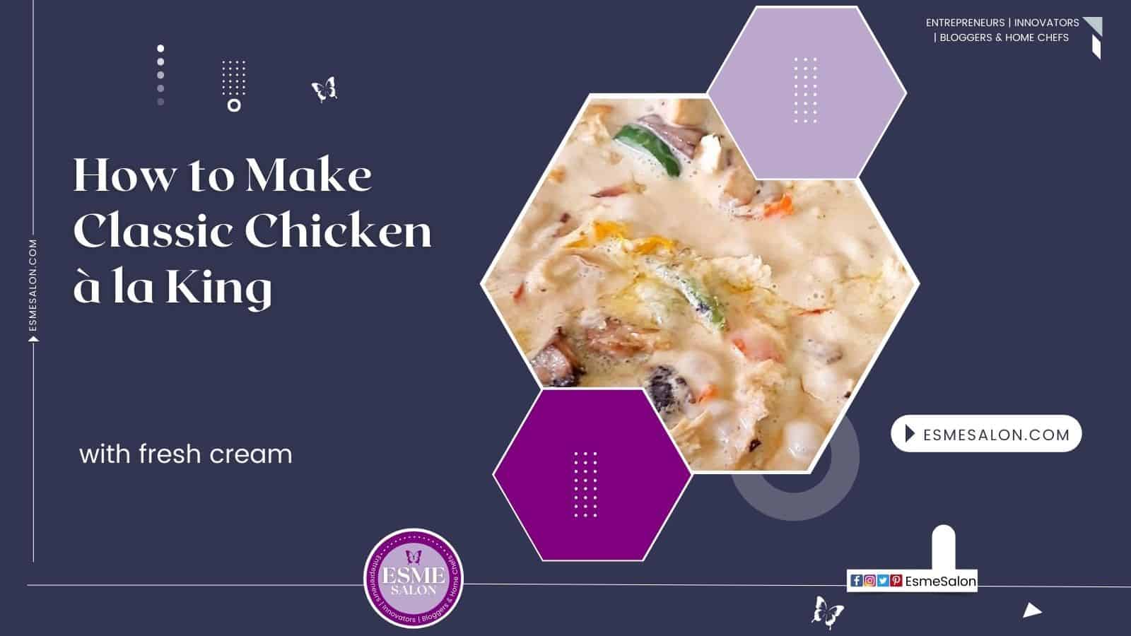 Chicken à la King is a dish consisting of diced chicken in a cream sauce, mushrooms, and vegetables, served over rice, noodles, or bread.