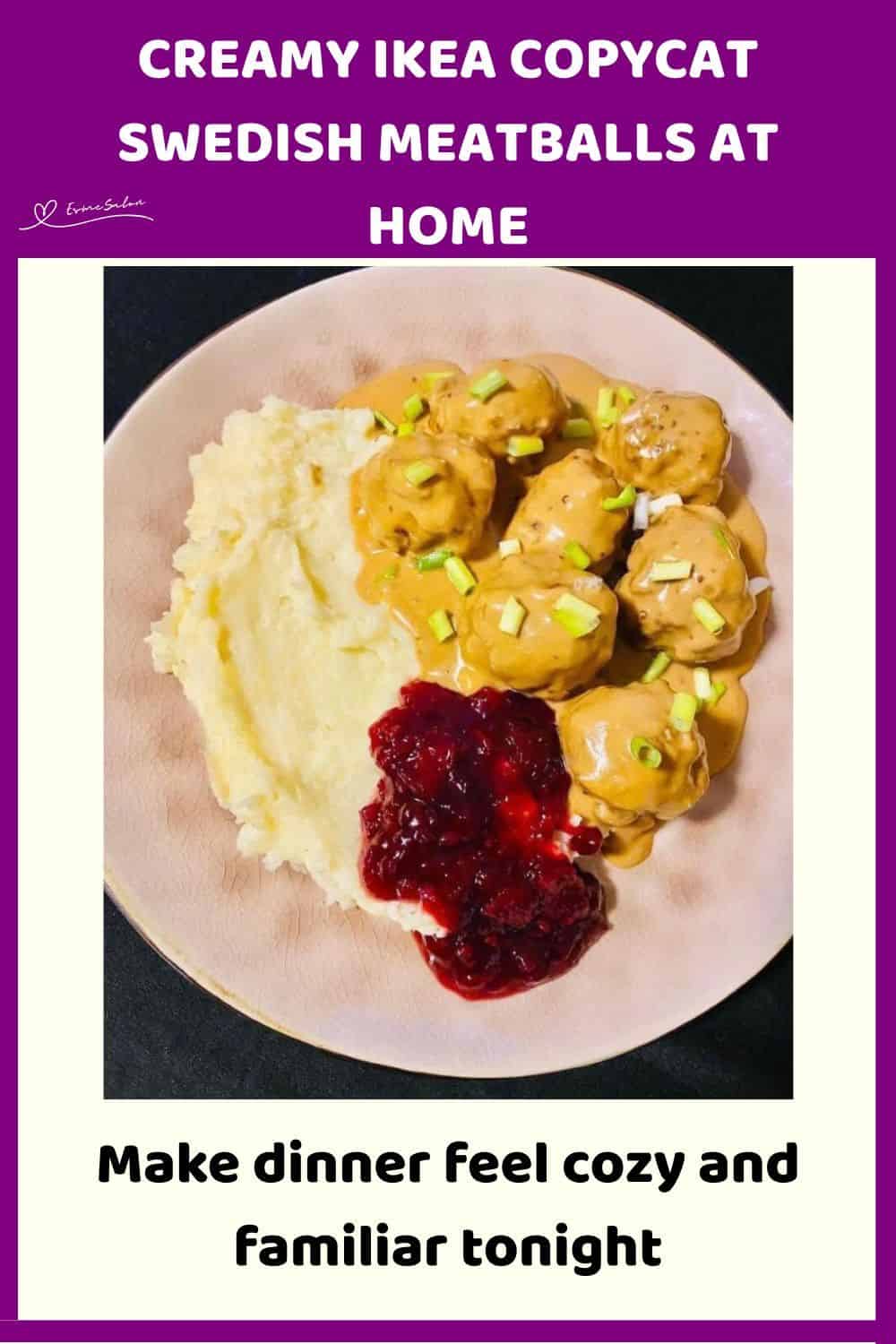 an image of a plate with Creamy IKEA Copycat Swedish Meatballs, mash and Lingonberry jam