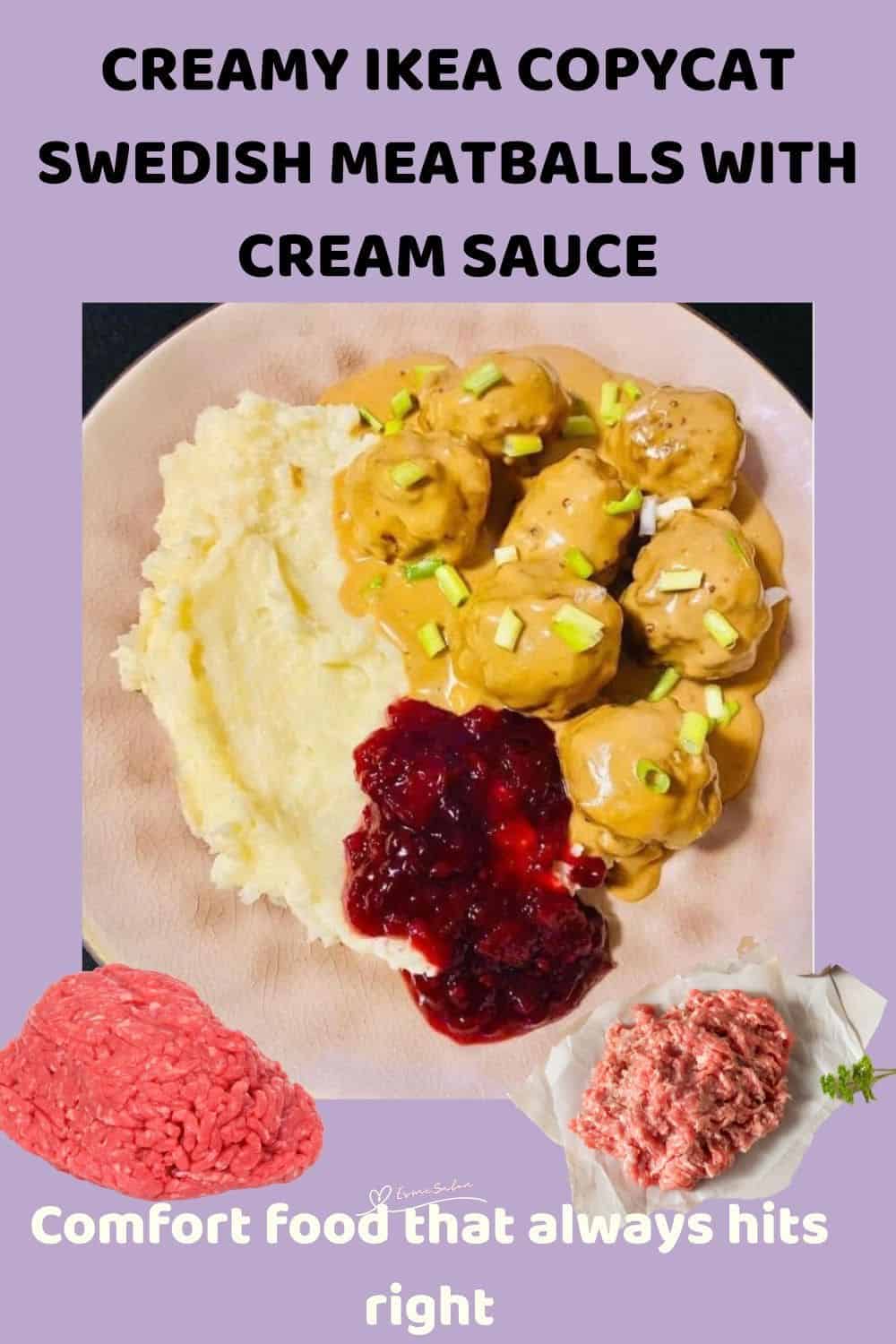 an image of a plate with Creamy IKEA Copycat Swedish Meatballs, mash and Lingonberry jam
