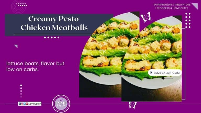 Creamy Pesto Chicken Meatballs placed in lettuce leaves on a white platter