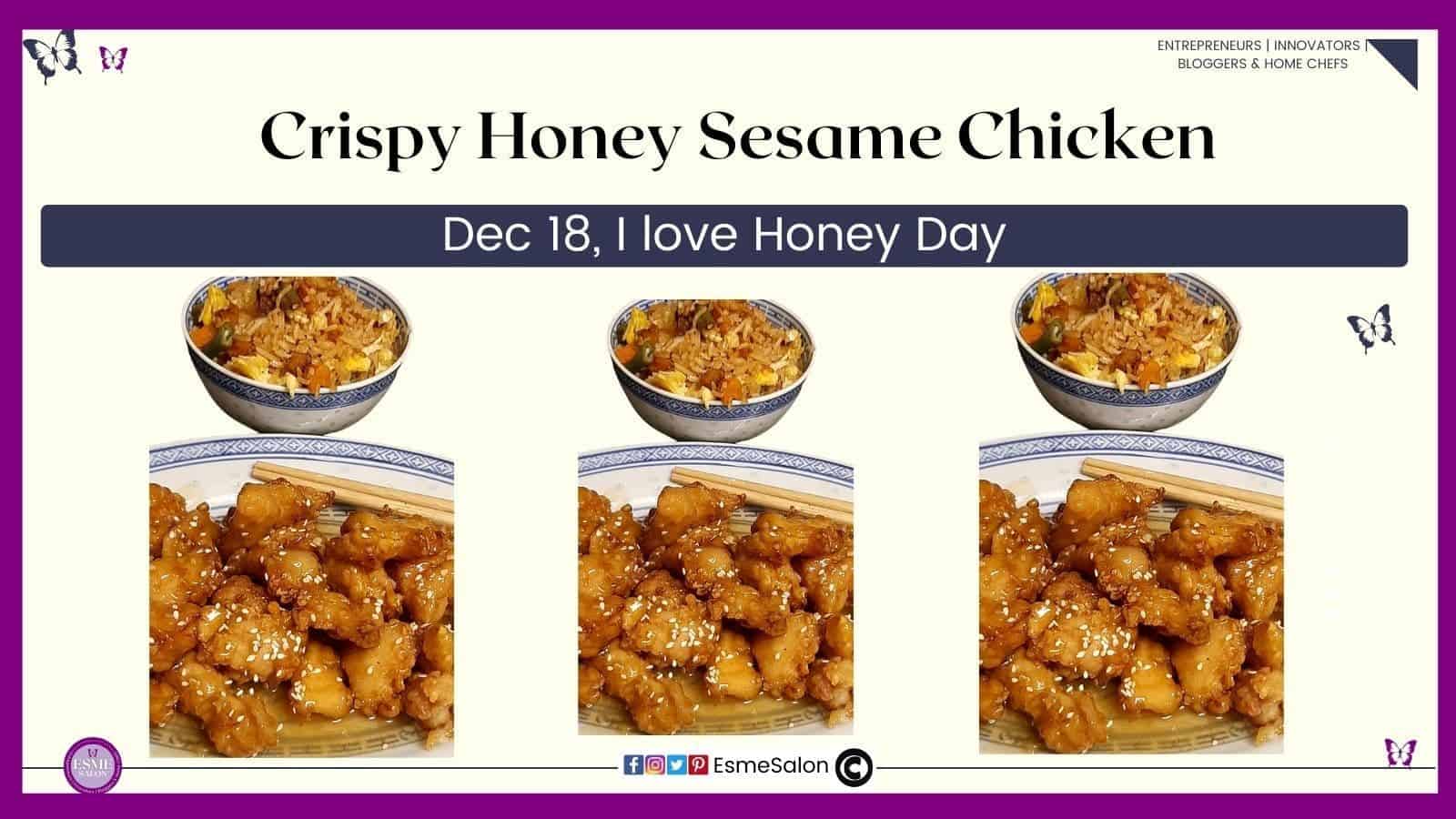 an image of a plate with Crispy Honey Sesame Chicken with sesame seeds and a bowl of rice