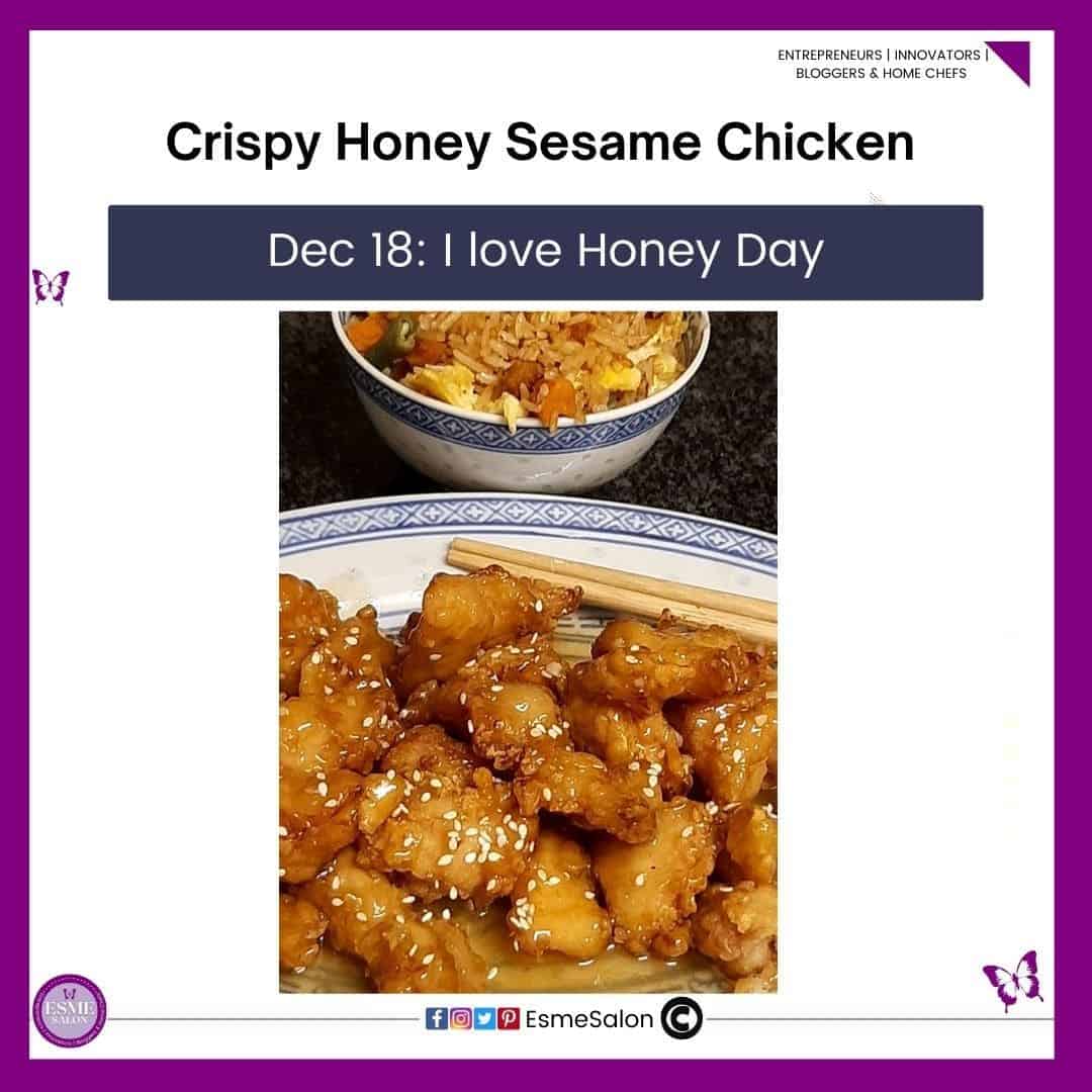 an image of a plate with Crispy Honey Sesame Chicken with sesame seeds and a bowl of rice