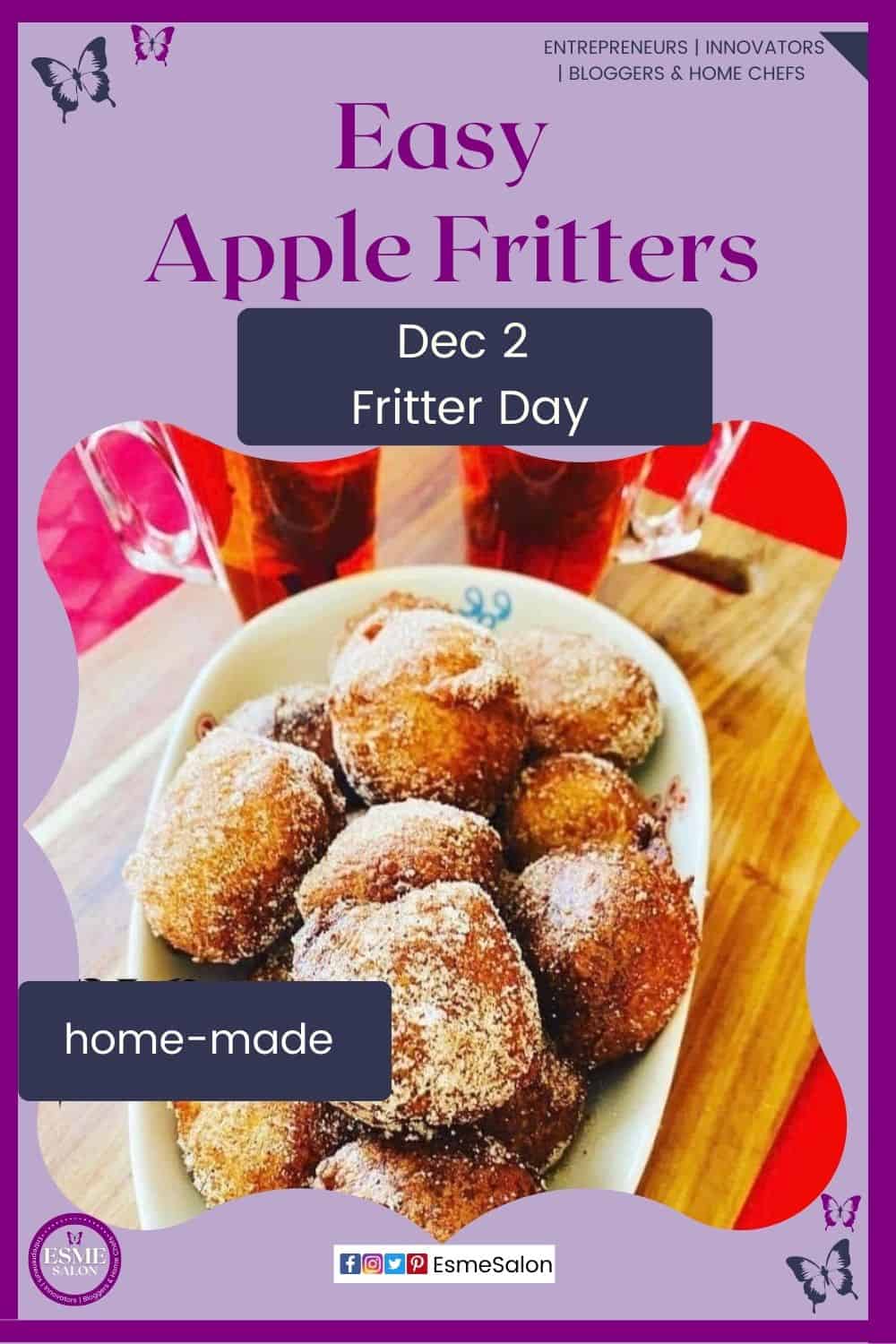 an image of a bowl filled with Cinnamon covered Apple Fritters