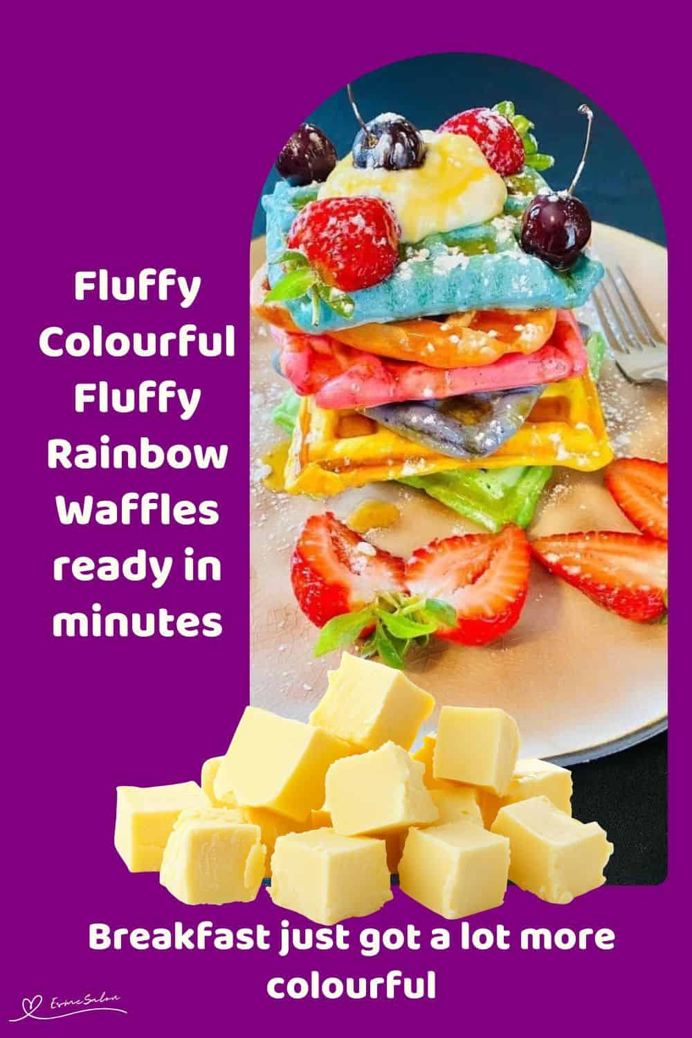 An image of a stack of colourful, fluffy, rainbow waffles with fruit and some cherries