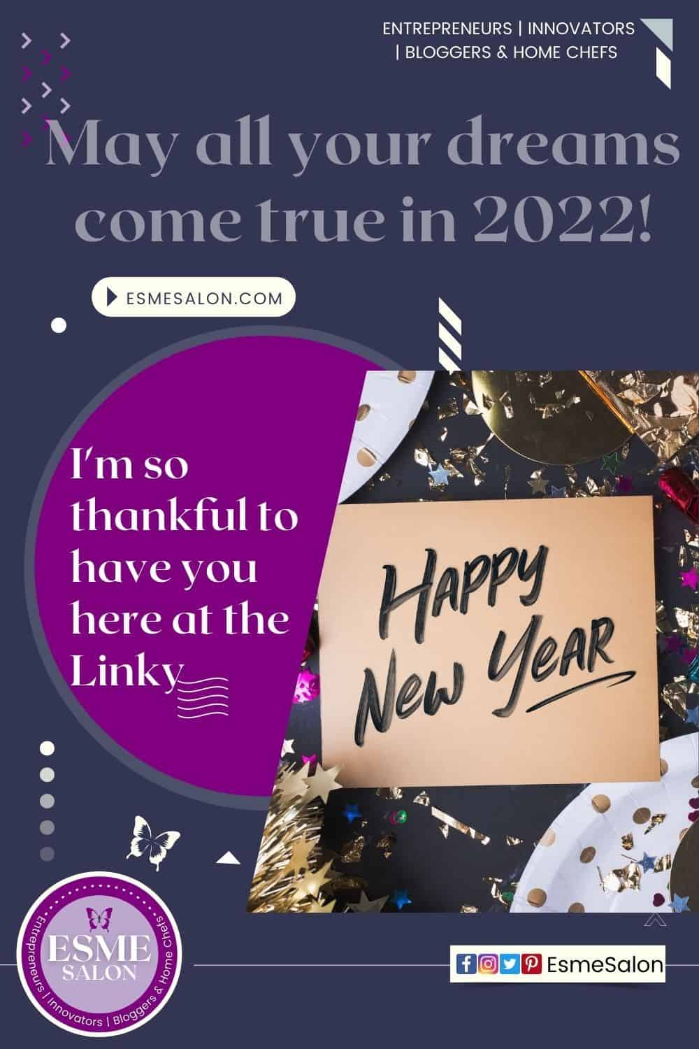 Grey background and saying: May all your dreams come true in 2022 with a light brown note "Happy New Year"