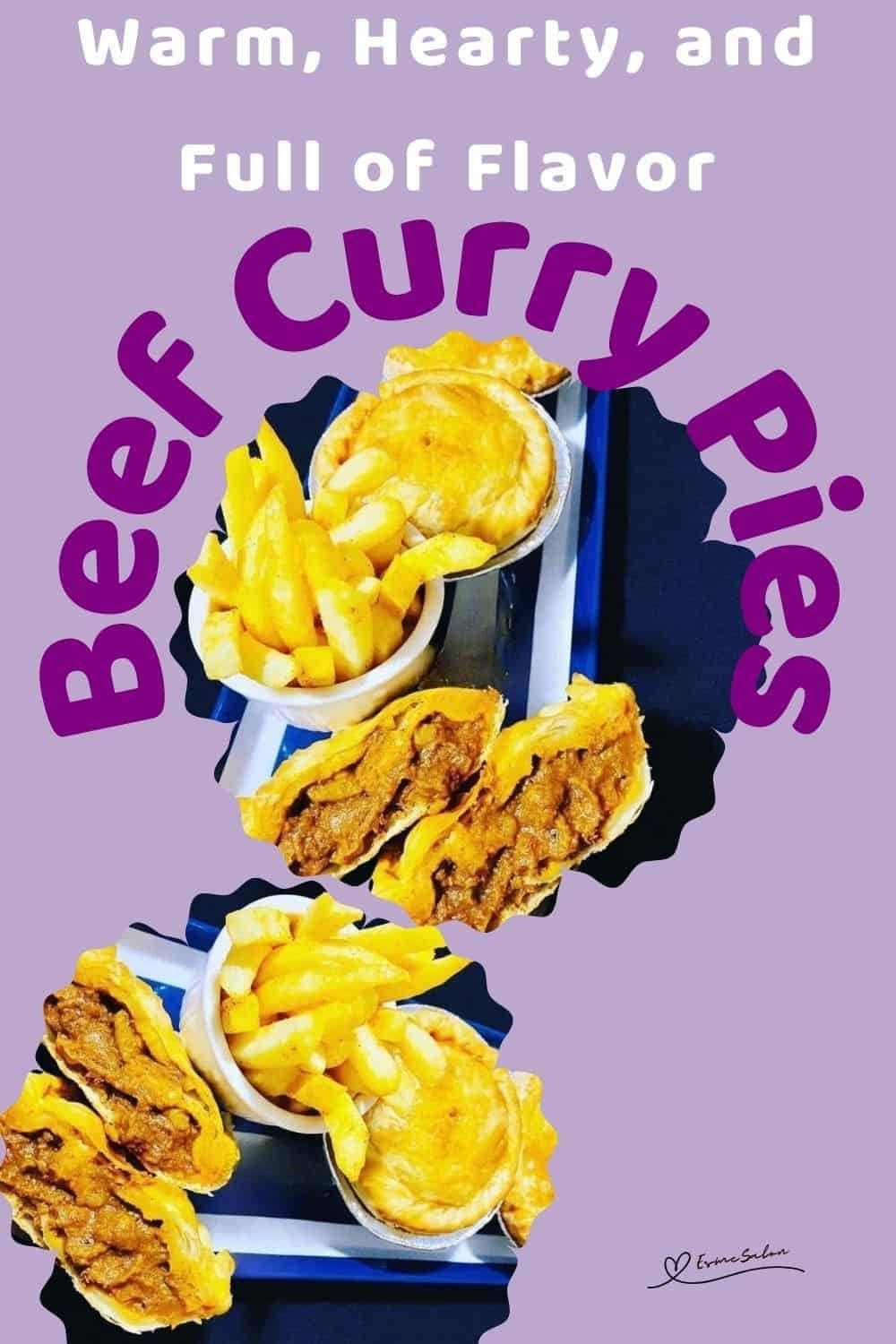 an image of Beef Curry Pies cut and whole with a side of fries