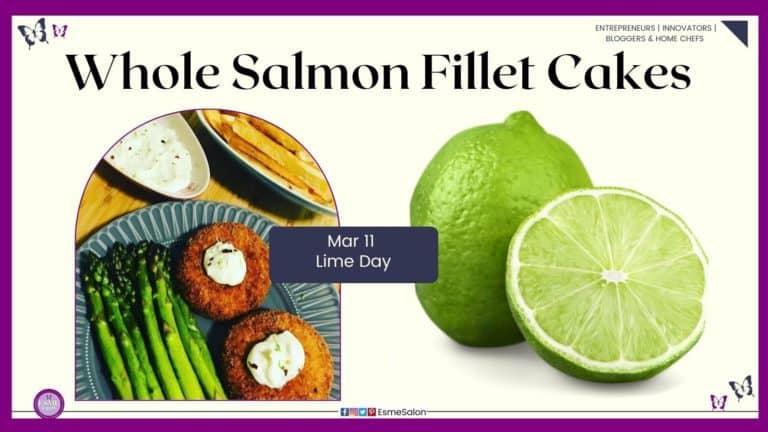 an image of 2 Whole Salmon Fillet Cakes on a plate with asparagus spears and Chili Lime Mayo on the side