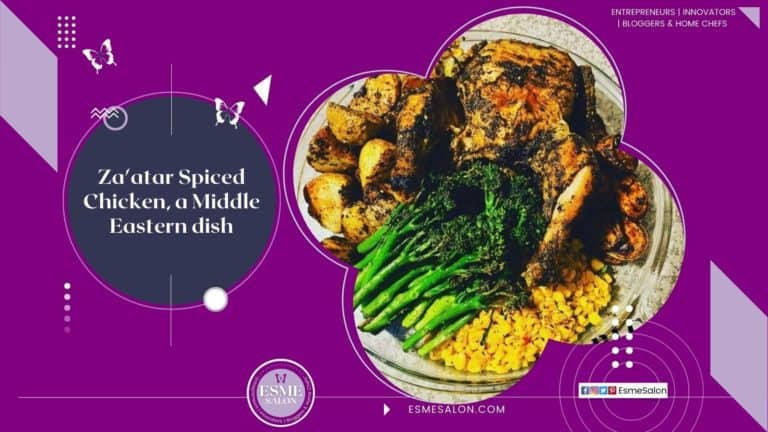 Za'atar Spiced Chicken, a Middle Eastern dish, potatoes, and sweet potatoes served with a side of corn and sautéed broccolini