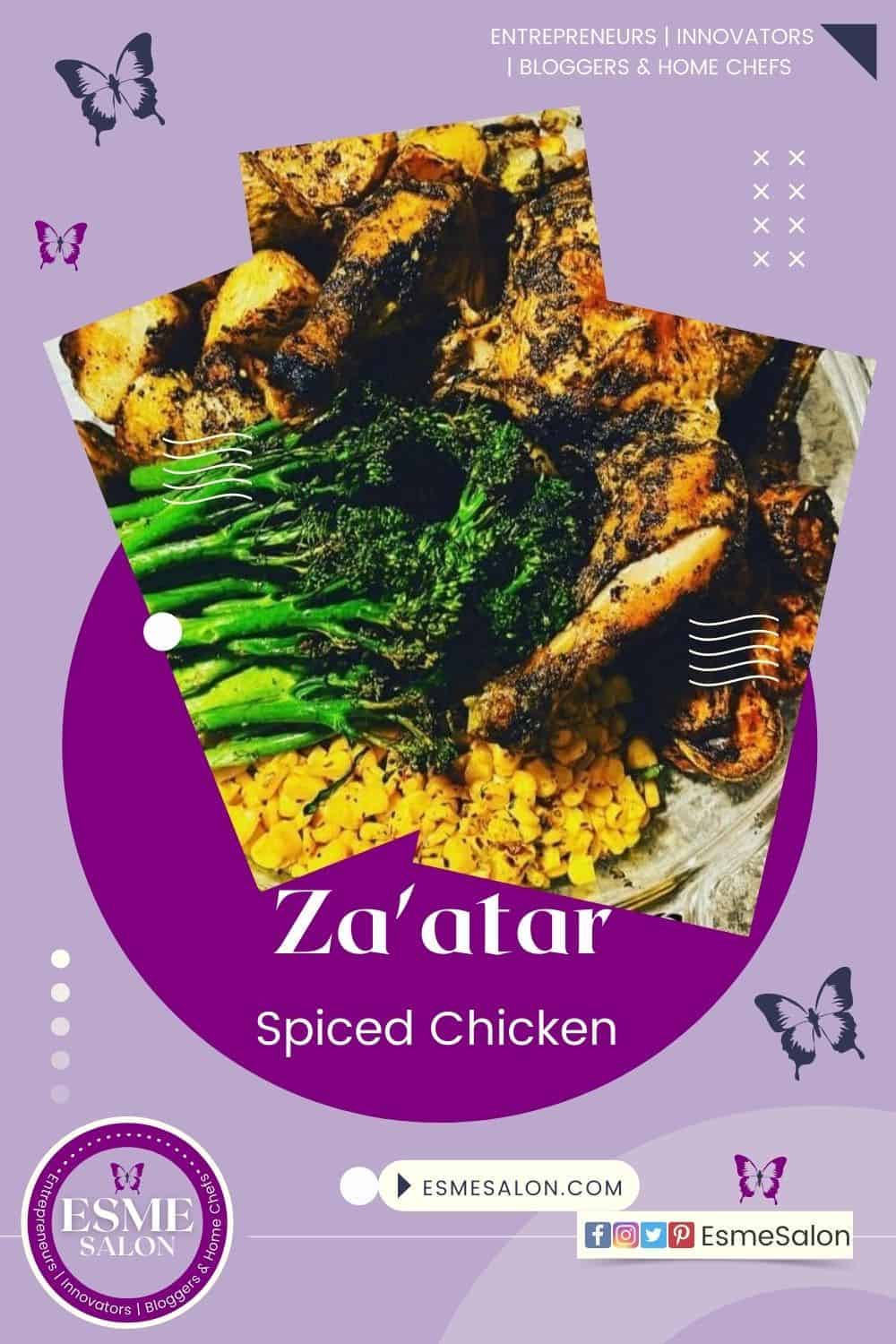 Za'atar Spiced Chicken, a Middle Eastern dish, potatoes, and sweet potatoes served with a side of corn and sautéed broccolini