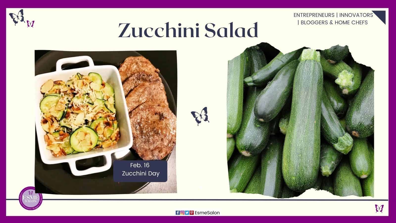 an image of a white square dish with Zucchini Salad served with steak dinner