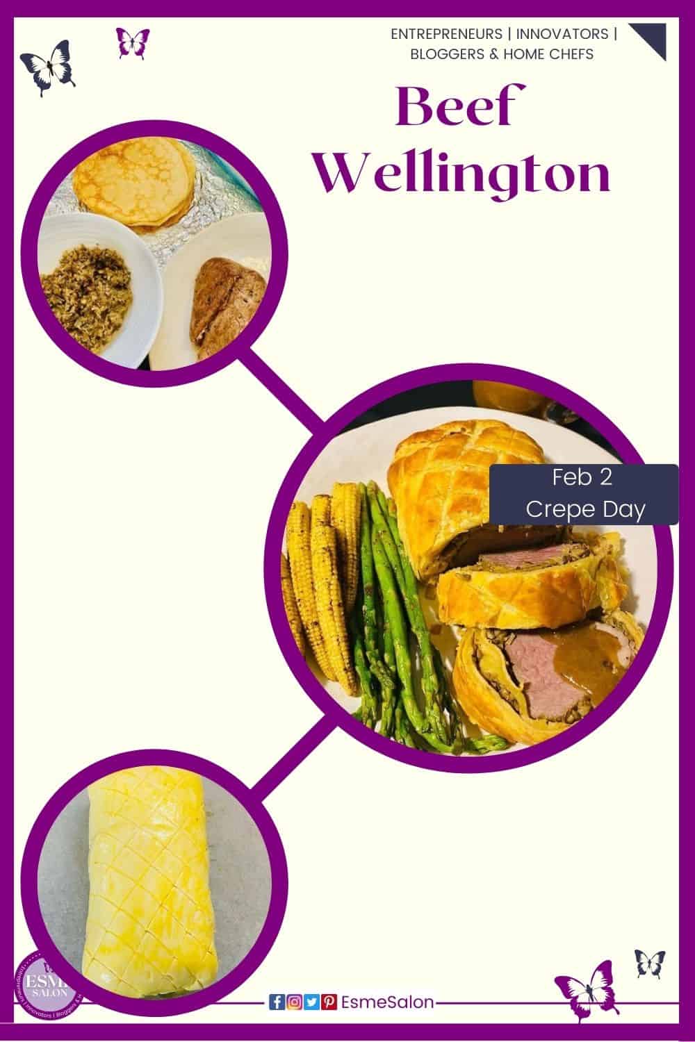 an image of Beefwellington with Mushroom Duxelles and veggies on the side