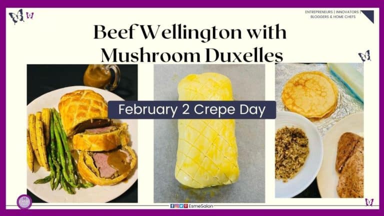an image of Beefwellington with Mushroom Duxelles and veggies on the side