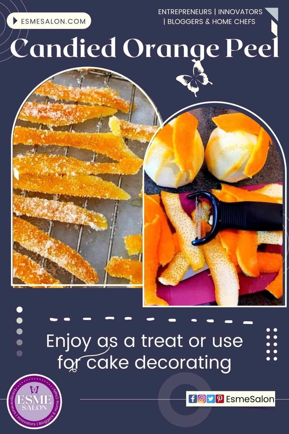 Easy Candied Orange Peel cooked in sugar syrup and dropped in sugar crystals for a sweet treat or used as part of decorating a cake
