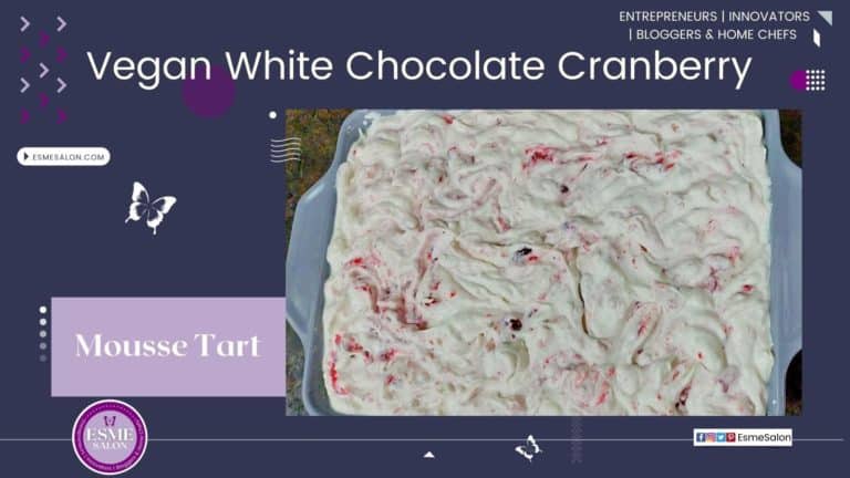 A one pie plate with cake layer in the bottom, with White chocolate mousse: and speckled with cranberry compote