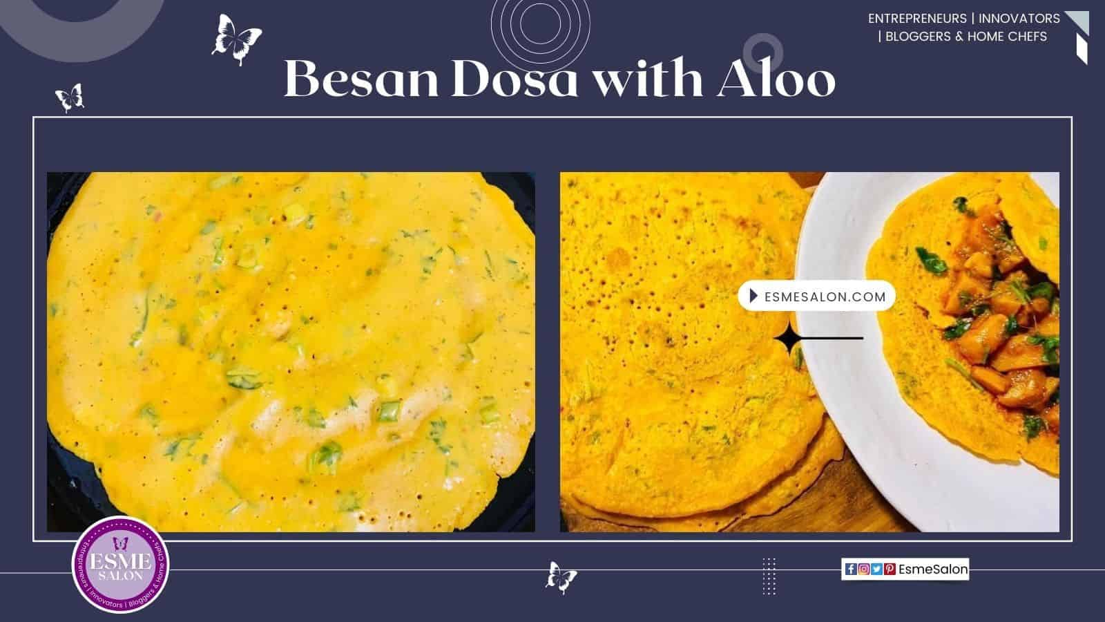 An image of a chickpea flatbread (besan dosa) served with curried potato (aloo)