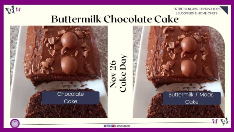 an image of a Buttermilk Chocolate Cake in a loaf form with chocolate shavings and chocolate balls as decoration