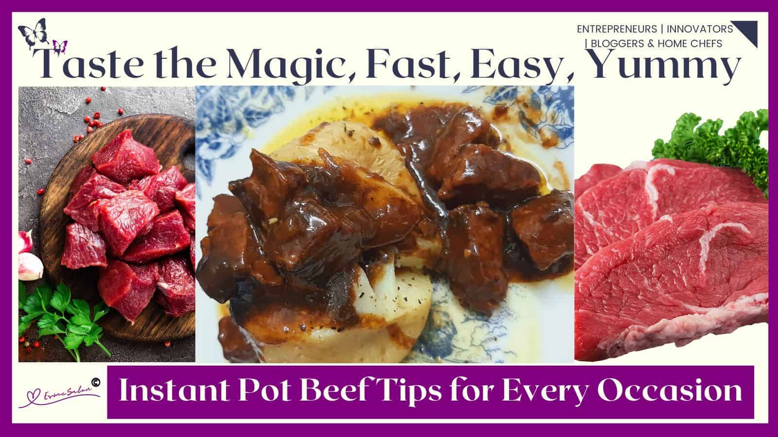 an image of Instant Pot Beef Tips served with potato on a white and blue flower plate