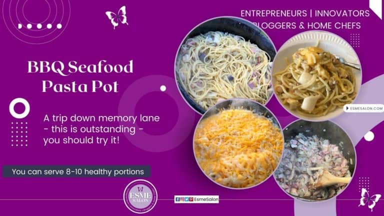4 images of ingredients for a seafood dish made in Three-legged Cauldron Potjie on a gas BBQ or open fire