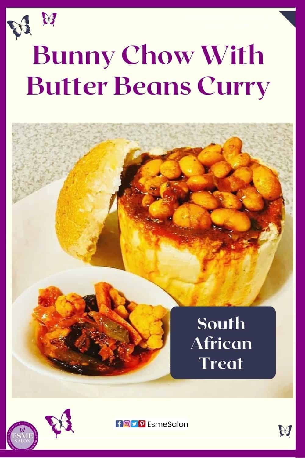 a image of a loaf of bread with top cut off and filled with Butter Beans Curry