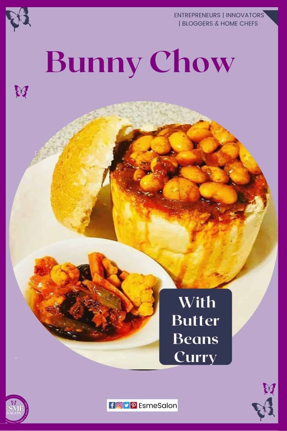 a image of a loaf of bread with top cut off and filled with Butter Beans Curry