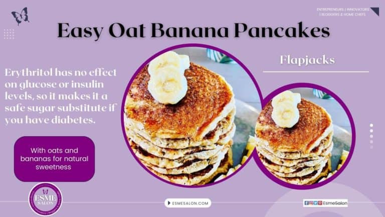 A stack of Oat Banana Pancake on a white plate with sliced banana as decoration