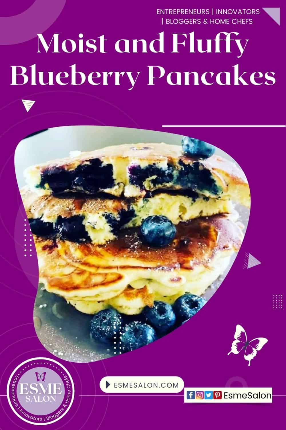 An image of a platter stacked with Blueberry Pancakes and fresh berries on the side