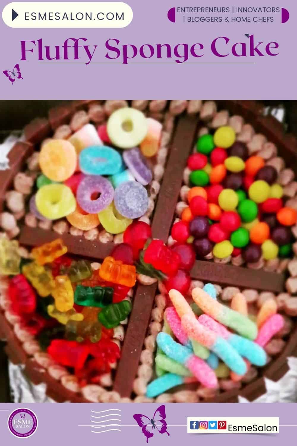 an image of Light and Fluffy Sponge Cake with Kitkat around the edge and lots of other candies as decoration