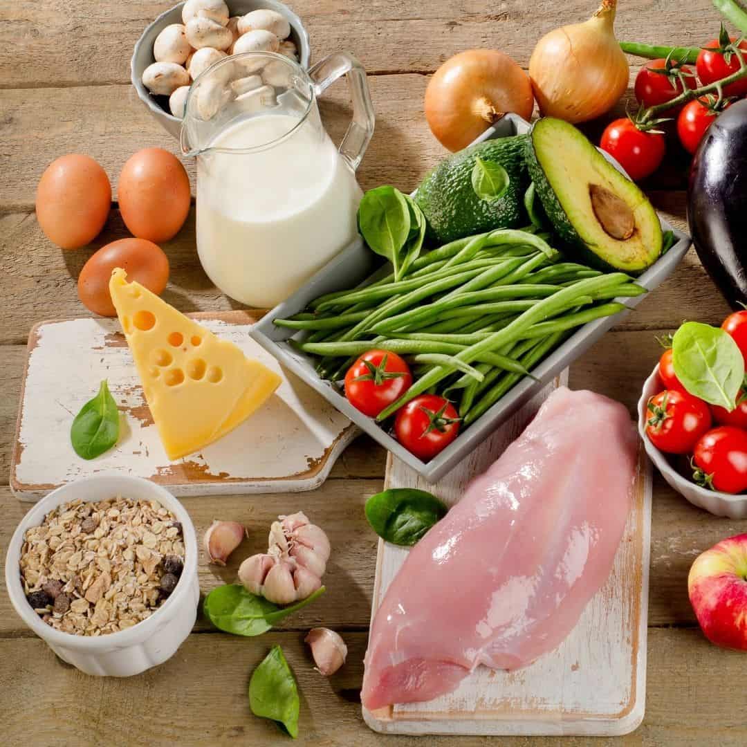 An image of fresh eggs, milk, mushrooms, cheese, beans, chicken, avocado, onions for Everyday Cooking