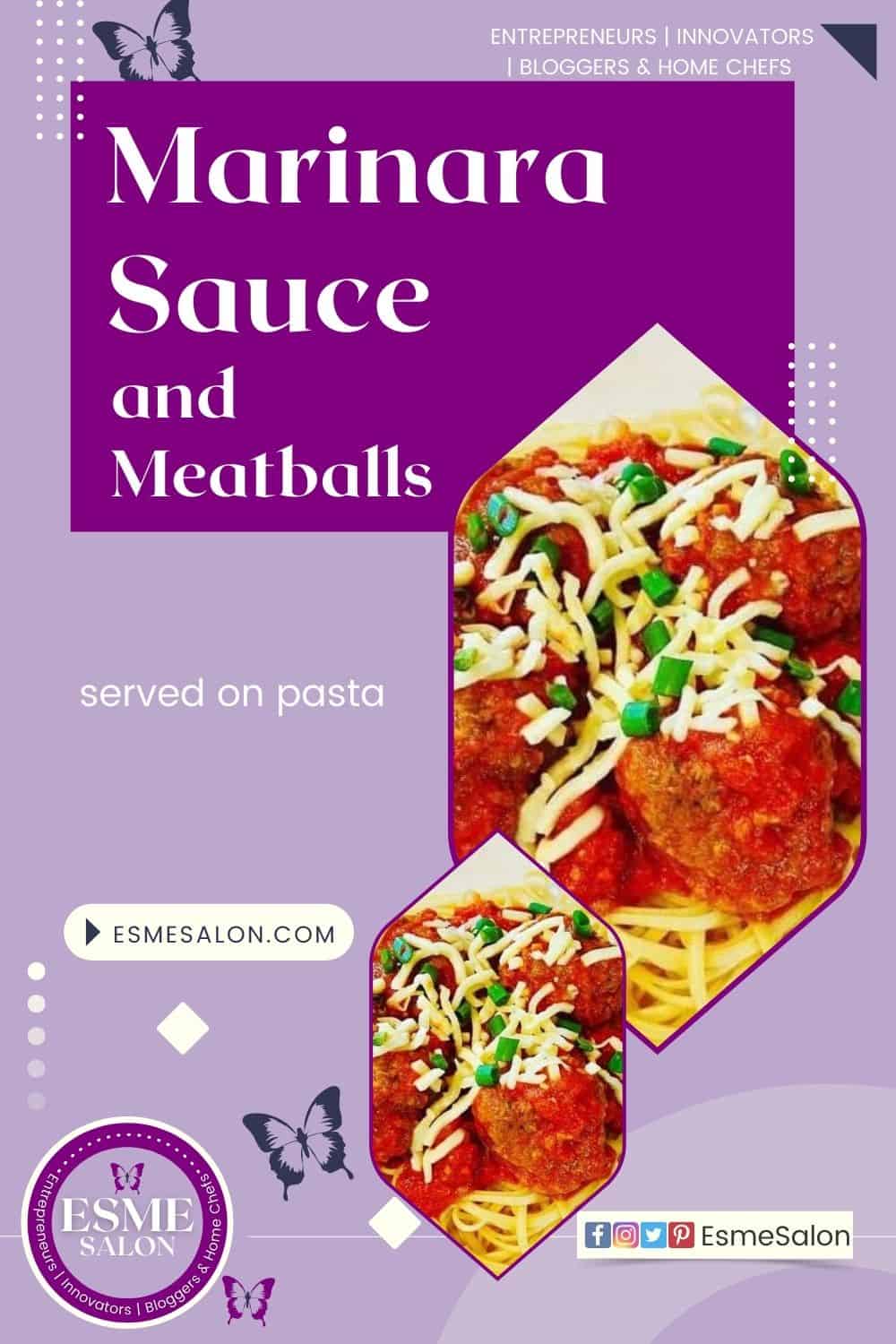 An image of a plate of pasta topped with meatballs and marinara sauce