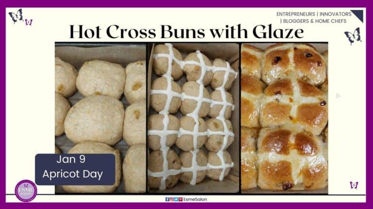 an image of raw Hot Cross Buns with glaze cross as well as baked with glaze