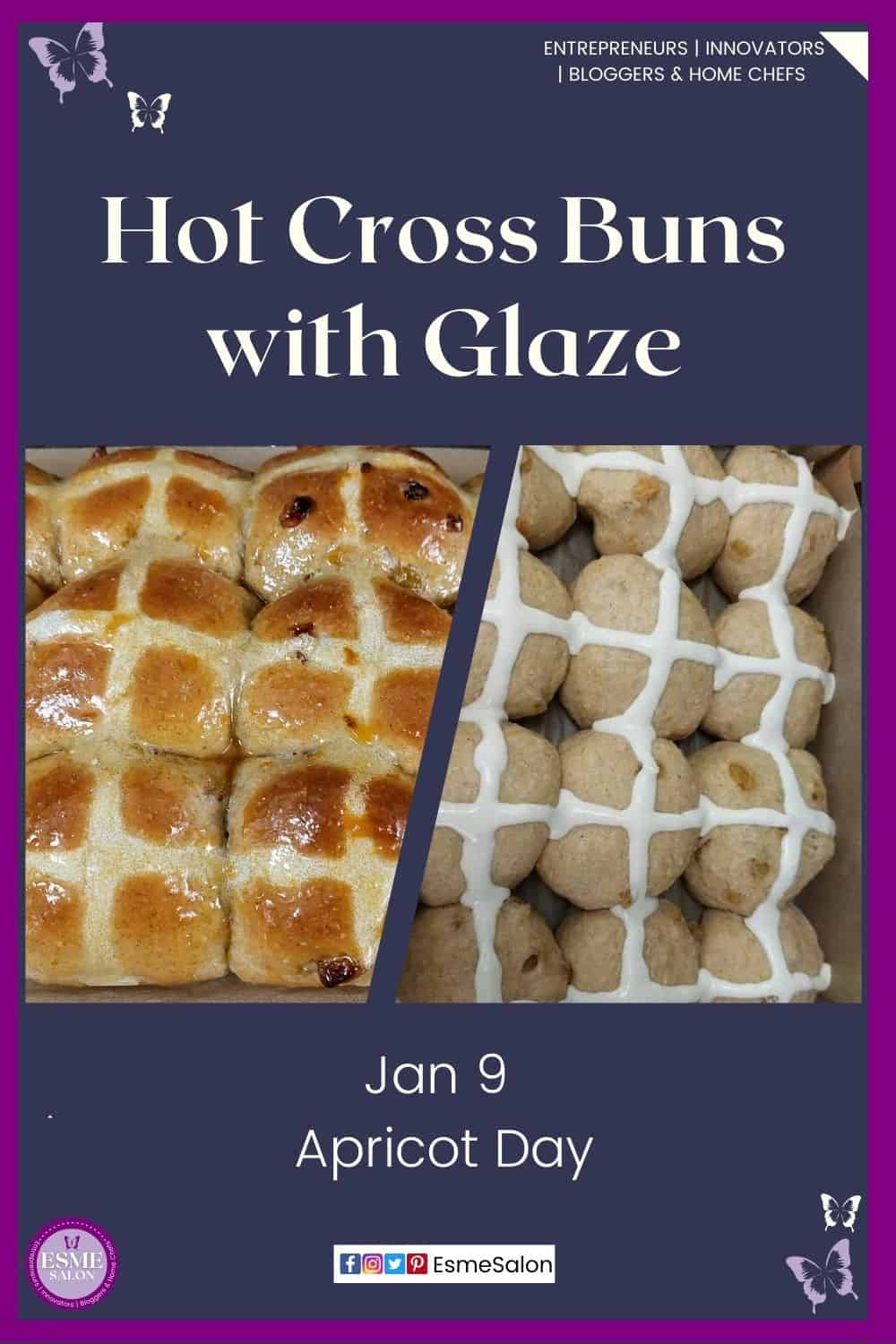 an image of raw Hot Cross Buns with glaze cross as well as baked with glaze