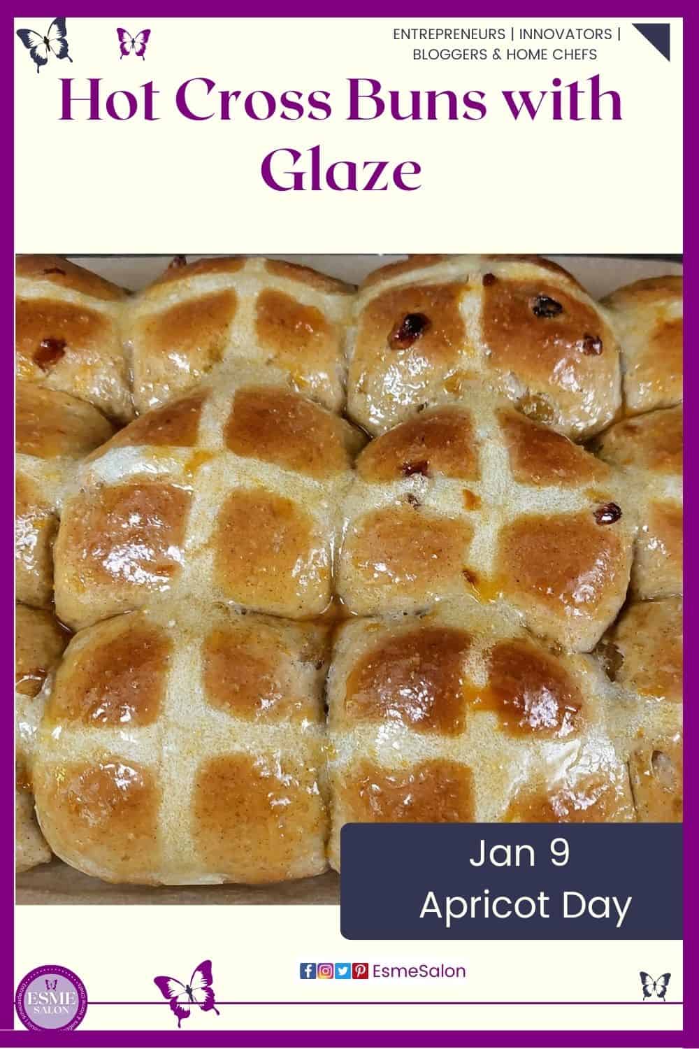 an image of raw Hot Cross Buns with glaze cross as well as baked with glaze
