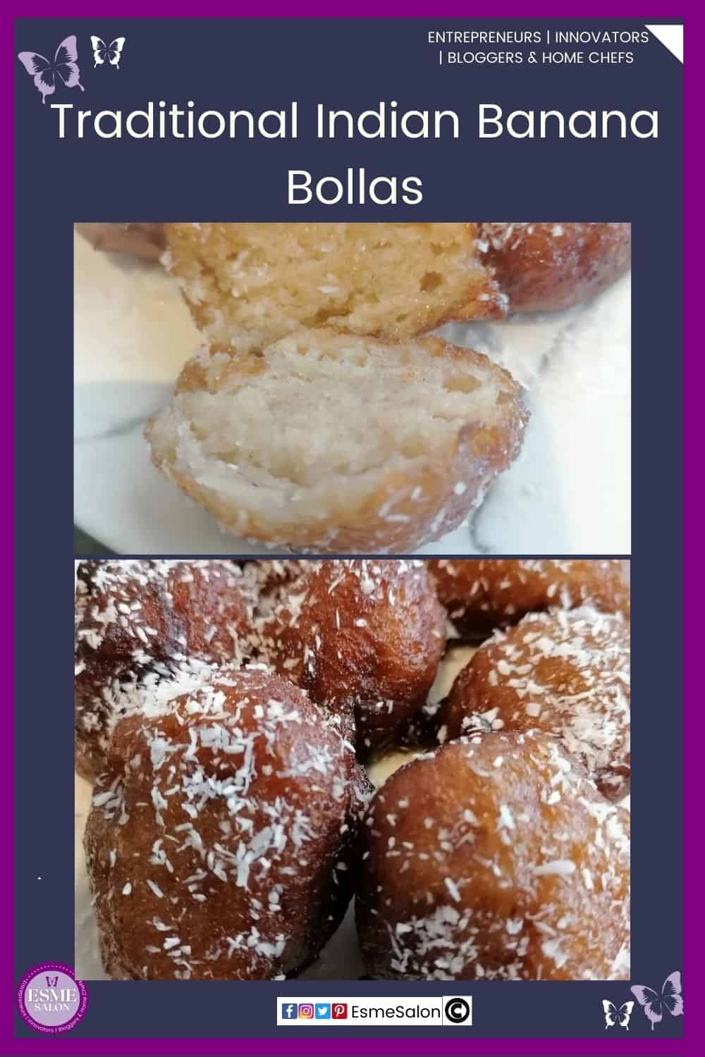 an image of a round banana fried fritter / bolla and dipped syrup and then covered in coconut