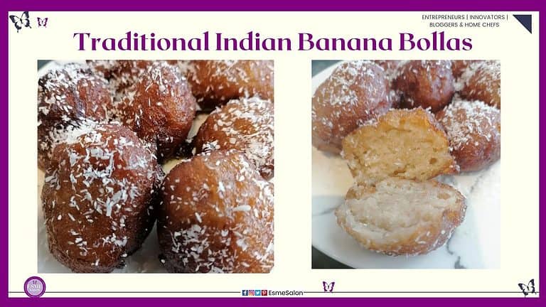 an image of a round banana fried fritter / bolla and dipped syrup and then covered in coconut